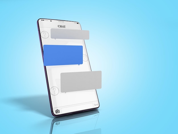 Chat message on smartphone chat window in the smartphone empty message fields hang above the screen 3d render on blue gradient