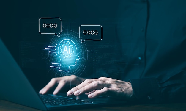 Chat with AI or Artificial Intelligence technology Man using laptop computer chatting with an intelligent artificial intelligence and enter command prompt for generate some things help work Chatbot