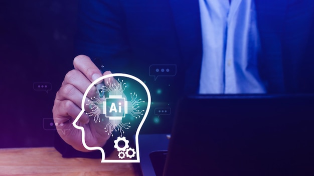 ChatGPT Chat with AI or Artificial Intelligence using touch AI icon on virtual screen robot application Digital chatbot OpenAI generate Futuristic technology concept