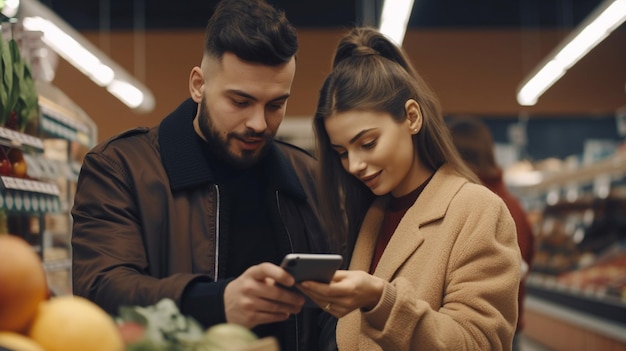 Cheerful couple shopping at supermarket comparing shopping lists on phone using Generative AI