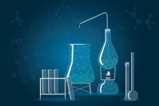 Chemistry science education concept with laboratory glassware illustration and blue background with formulas