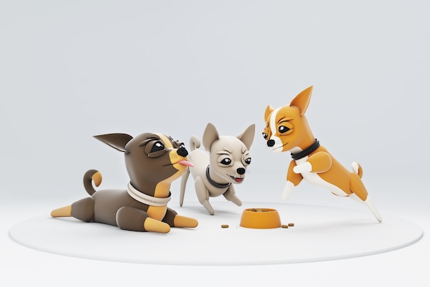 Chihuhua hund leker med skål med mat