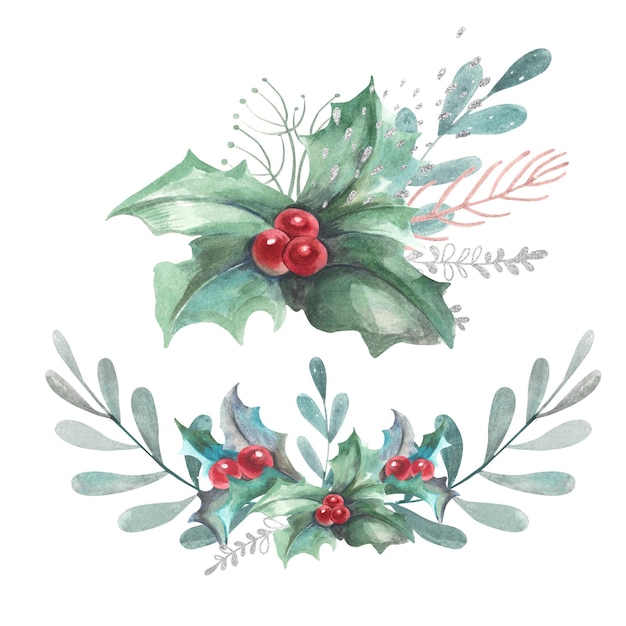christmas compositions from branches leaves berries silver splashes watercolor on a white background isolate