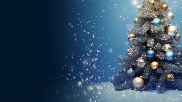christmas tree close up blue bright background glare and blurry lights banner