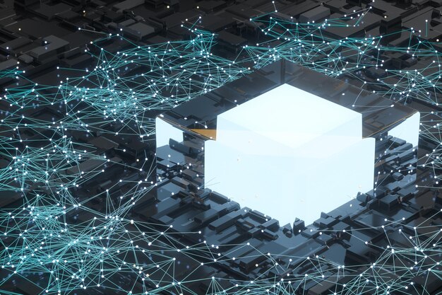 circuit board with glowing cube and lines 3d rendering