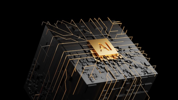 Circuit cube board with gold AI chip Central Computer Processors CPU concept 3d rendering conceptual image