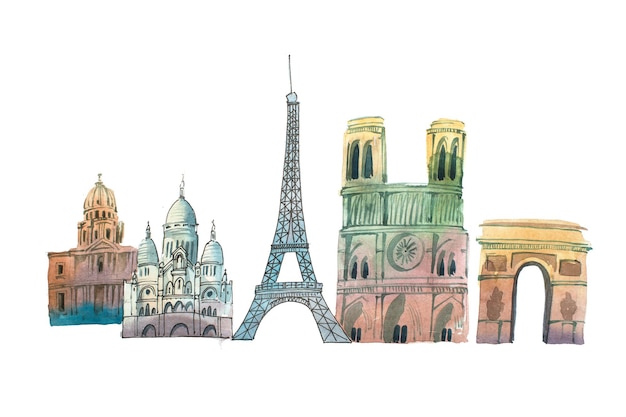 City of Paris Skyline, berømte landemerker, reise og turisme, waercolor illustrasjon