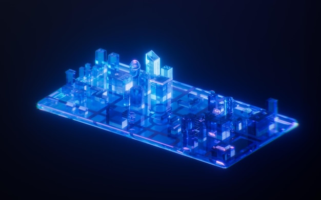 City on the phone with dark neon light effect 3d rendering