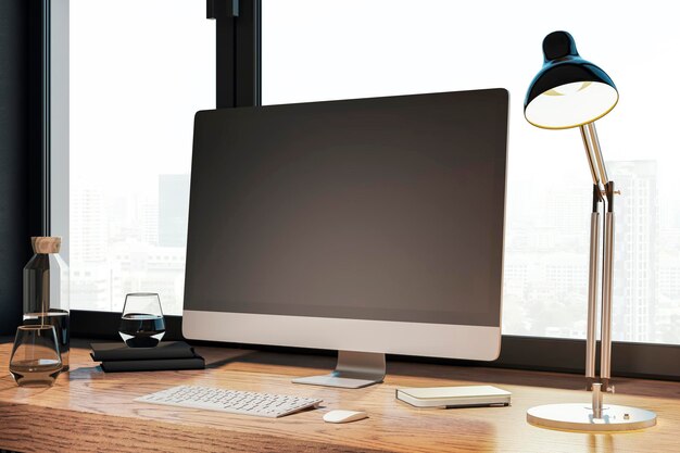 Clean designer desktop with empty computer monitor lamp supplies and other items Window with city view in the background Mock up 3D Rendering