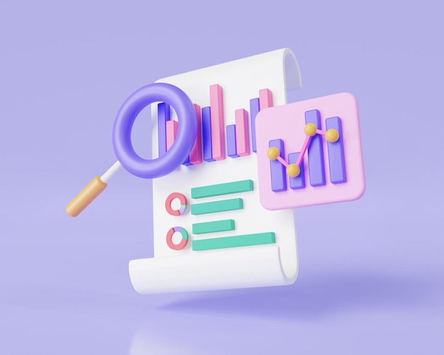 clipboard checklist with magnifying and dashboard and business report chart business financial audit financial research report seo optimization data analysis concept 3d icon render illustration