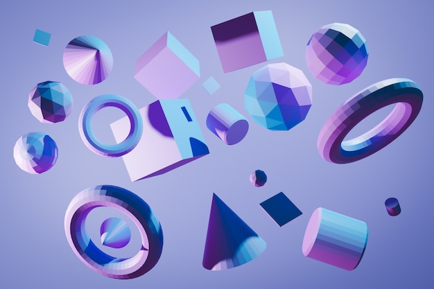 close-up 3d  different geometric shapes: cube, tetrahedron, cone, cylinder, sphere, pyramids