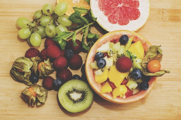 close-up high angle view of fruits on table