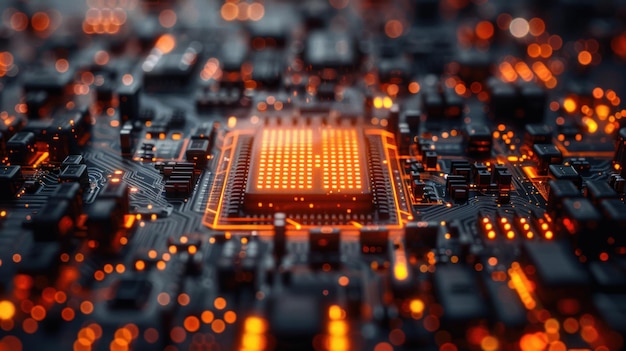 Close Up of a Computer Circuit Board with Orange Lights
