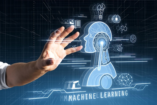 close up of businessman hand using glowing robot head and icons on dark blurry background chat gpt machine learning and ai concept
