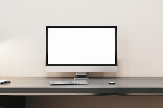 Close up of contemporary designer office interior with empty white computer monitor and other items Mock up 3D Rendering