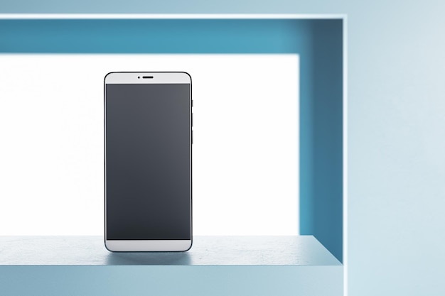 Close up of creative white product stand with empty black cellphone Retail and technology concept Mock up 3D Rendering