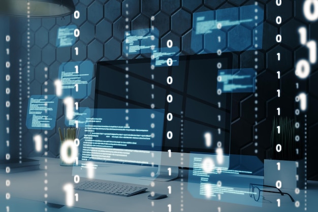 Close up of desktop with computers and abstract coding binary code hologram Artificial intelligence and development concept Double exposure
