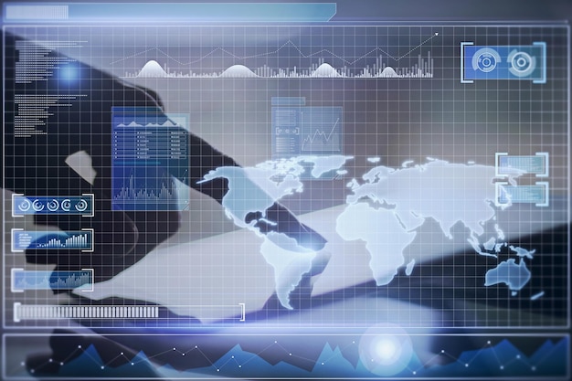 Close up of hand using tablet with abstract radar map interface on blurry background Spy and cyber terrorism concept Double exposure