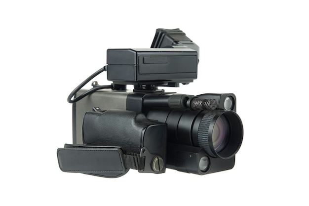 Close-up of home video camera against white background