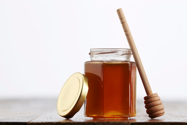 close-up of honey jar