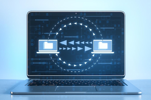 Close up of laptop with creative digital data transfer and exchange folders on light background Backup data virtual document storage or loading on cloud service 3D Rendering
