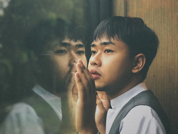 Close-up of young man looking through window