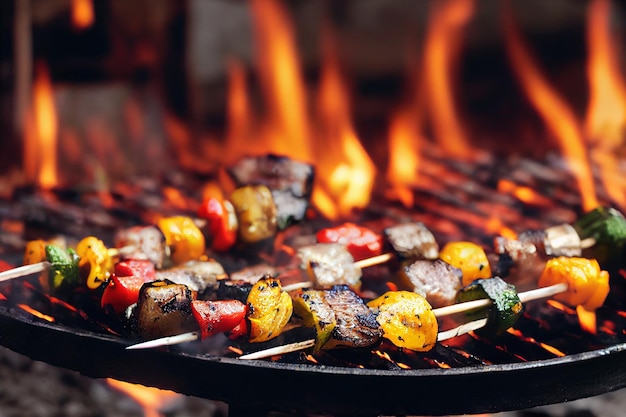 Closeup appetizing healthy grilled vegetable cooking on open fire grill