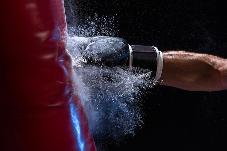 Foto closeup hand of boxer at the moment of impact on punching bag over black background