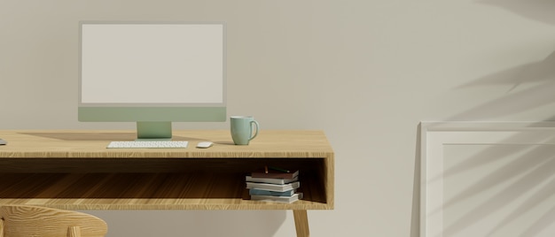 closeup minimalist workspace mockup interior with computer in blank screen mockup on wooden table