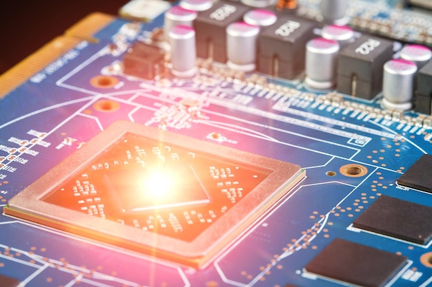 Closeup of a computer chip on a part of electronic printed circuit board