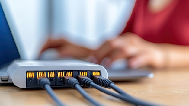 closeup of a stylish wireless gateway and connected cables at a modern office desk with a focused worker in a red shirt