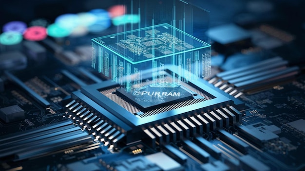 Closeup of an advanced GPU ram microchip or cpu of a powerful computer