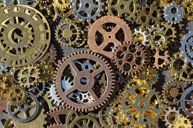 Closeup of different toothy steampunk gears