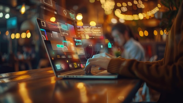 Closeup of hands typing on laptop in a cafe with bokeh lights
