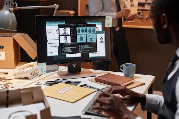 Closeup of male detective using computer at workplace and reading suspects personal profile on screen copy space