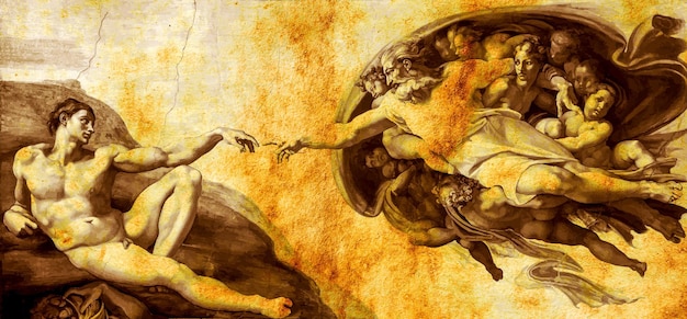 Closeup shot of the painting of the creation of Adam by Michelangelo