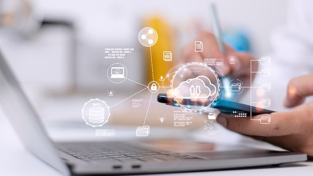 Cloud Computer technology and storage online for computer business network ideas connected to Internet server services for cloud transfer shown in the future Network of Data