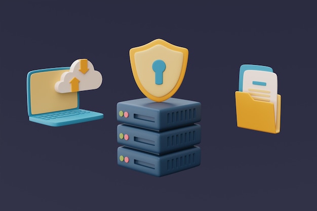 Cloud storage technology conceptServer racks with computer and cloud symbolonline databasecloud data protection systemsminimal style3d rendering