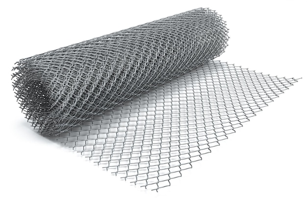 Coil of steel wire Rabitz mesh netting roll isolated on white