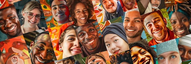 collage of diverse joyful faces from various ethnicities with vibrant background designs each face illustrates a unique expression