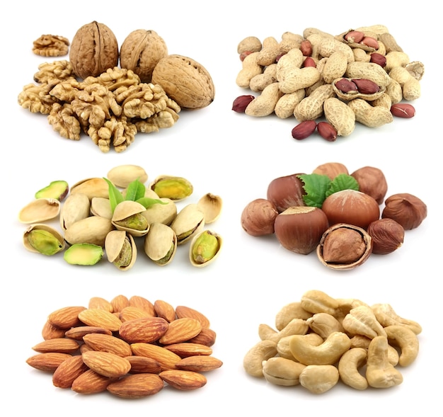 collage of nuts: walnuts,filbert,peanut,almonds,pistachios,cashew
