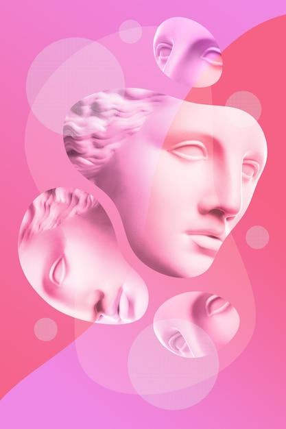 collage with plaster antique sculpture of human face in a pop art style. modern creative concept image with ancient statue head. zine culture. contemporary art poster. funky minimalism. retro design.