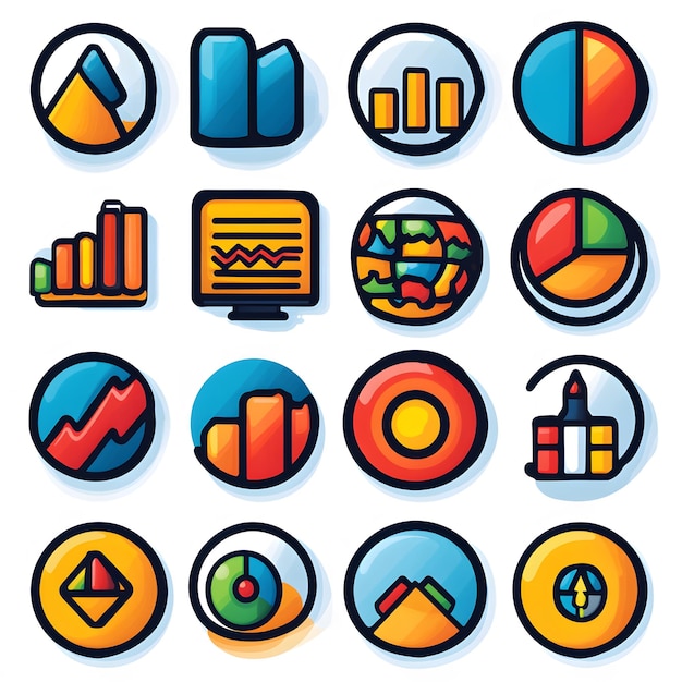 collection of icons representing analysis concepts with images of bar graphs pie charts and data tables includes symbols of performance evaluation data insights and statistical breakdowns for