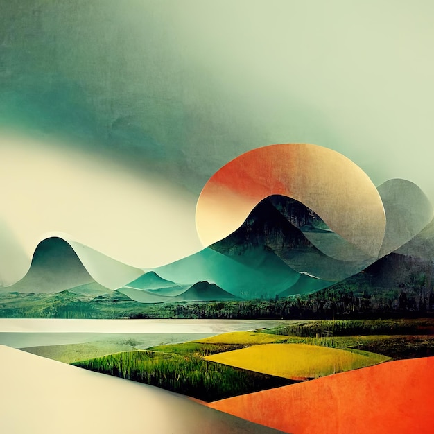 Colorful abstract mixed media grunge landscape background Modern nature design 3D illustration