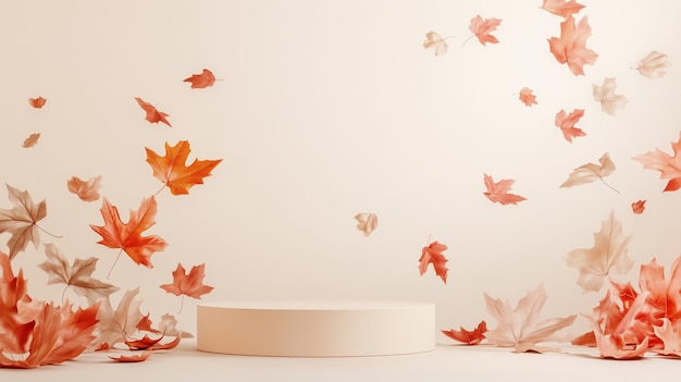 Colorful autumn leaves gracefully cascade around a circular display in a serene indoor setting during the fall season