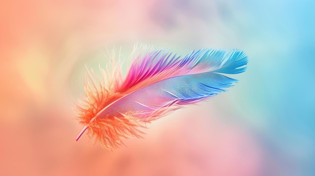 colorful bird feather gracefully floats through the air a soft gradient background Aesthetic design