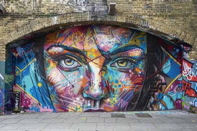 Colorful graffiti mural of a womans face painted on a brick wall under an archway in an urban street setting