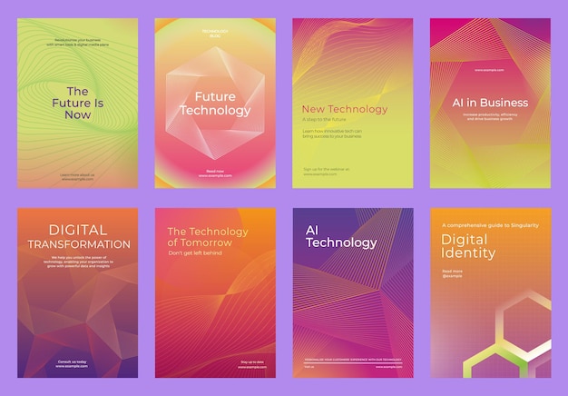 Colorful technology posters with futuristic designs Digital transformation and AIs Vibrant geometric shapes highlight future technology Digital transformation colorful poster template vector set
