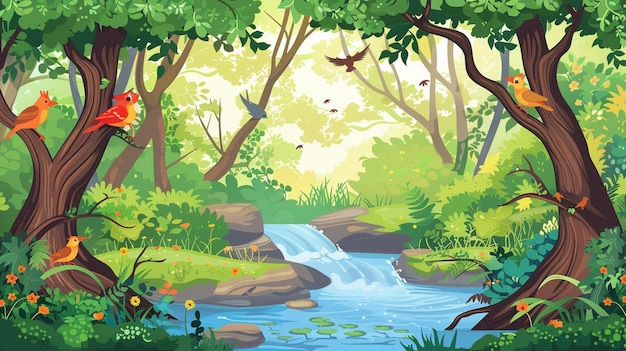 Colorful vector cartoon forest with a babbling brook and cheerful birds