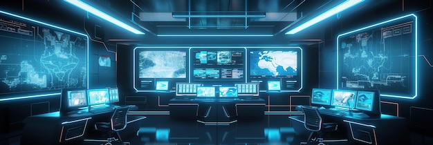 Command center interior banner 3d room with neon light Scifi concept with screens and workspace Future surveillance room